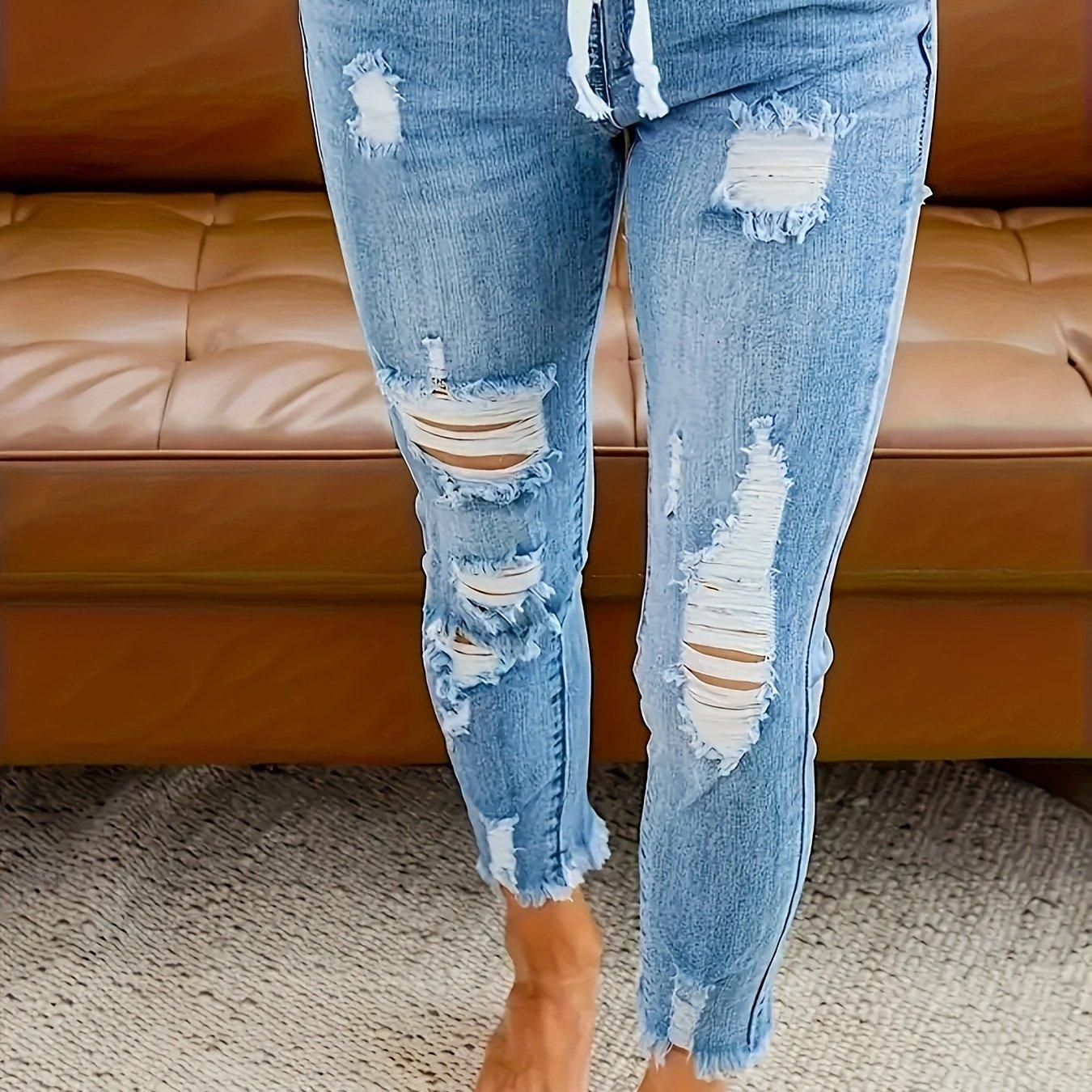 TEMU Plus Size Women's Denim Trousers With Drawstring And Ripped Design