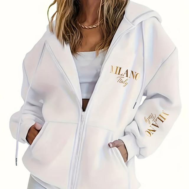 TEMU Thick Fleece Zip-up Hoodie For Women, Warm And Comfortable With Printed Letters, Featuring A Drawstring Hood And Kangaroo Pocket, Perfect For Casual In Autumn And Winter