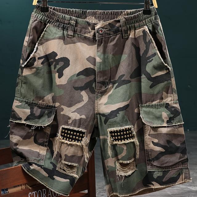 TEMU Geng Yuanshi Camouflage Casual Shorts Cargo Pants Patch Ripped Casual Shorts Trendy Fashion Comfortable Street Cool Shorts