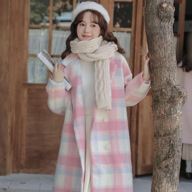 TEMU 女性用ピンクスーツジャケット、冬用厚手新チェック柄、小さくて優しいスタイル、韓国版、中長丈、、通勤用、かわいいレディースウェア