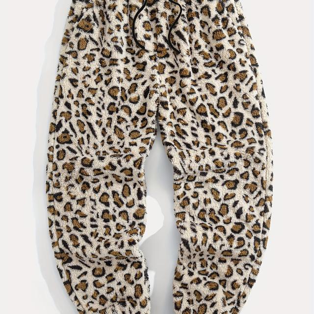 TEMU Men's Loose Leopard Graphic Print Track Fleece Pants With Pockets, Street Style Drawstring Joggers For Outdoor Activities Gift