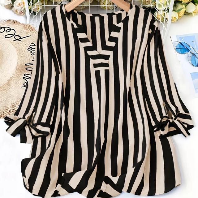 TEMU Plus Size - Women's Plus Size Loose Striped Shirt - V-neck With Tie Front, 3/4 Sleeve, Lightweight Polyester, , Casual , Vacation Clothing | Blouse | Glossy Texture