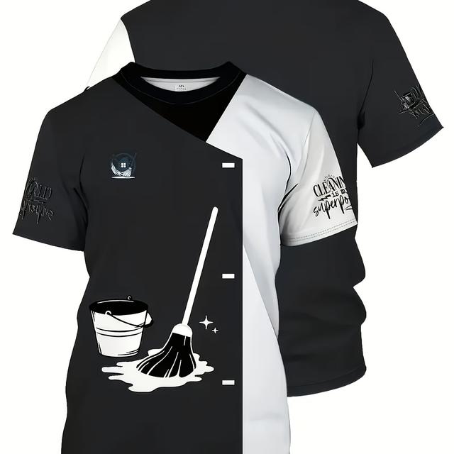 TEMU Customizable 3d Print T-shirt For - Fabric, Cleaning With Broom & Bucket Graphic, Personalized Name/logo Option, Ideal For & Cleaning Services, Cleaning Uniform||stretchable Fabric