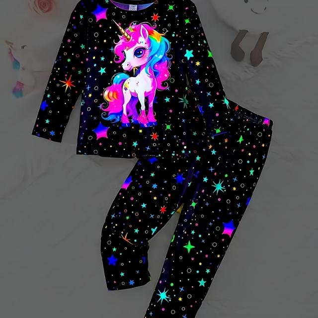 TEMU Little Girl 2pcs Set With Unicorn Long Sleeve Top And Star-printed Pants Set For Autumn And Winter, Casual And , Set