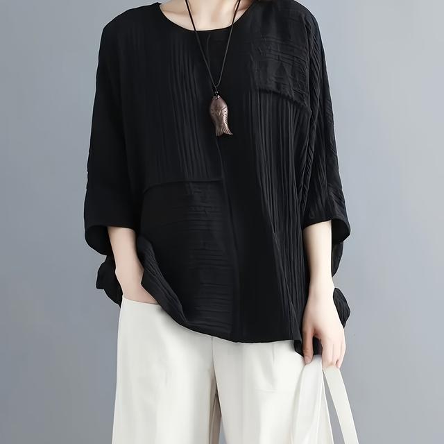 TEMU プラスサイズ - 女性用のカラーのススタイルの、胃をカバーしスリムに見えるルーズフィットのバットスリーブTシャツ、ショートスリーブ付き。