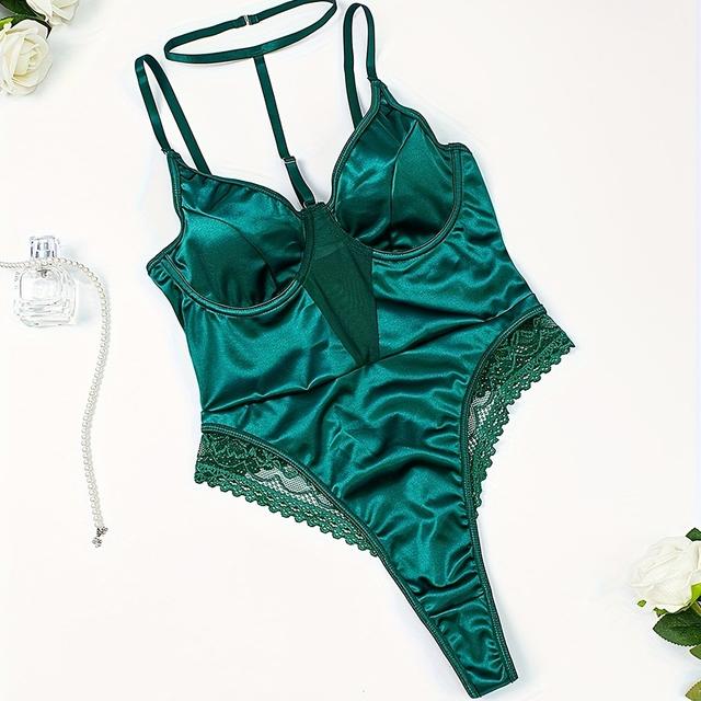 TEMU Camisón para Mujer con Encaje a Contraste, Body Moldeador de Cuello Halter y Sujetador Triangular en Tejido Suave Estilo Europeo y Americano