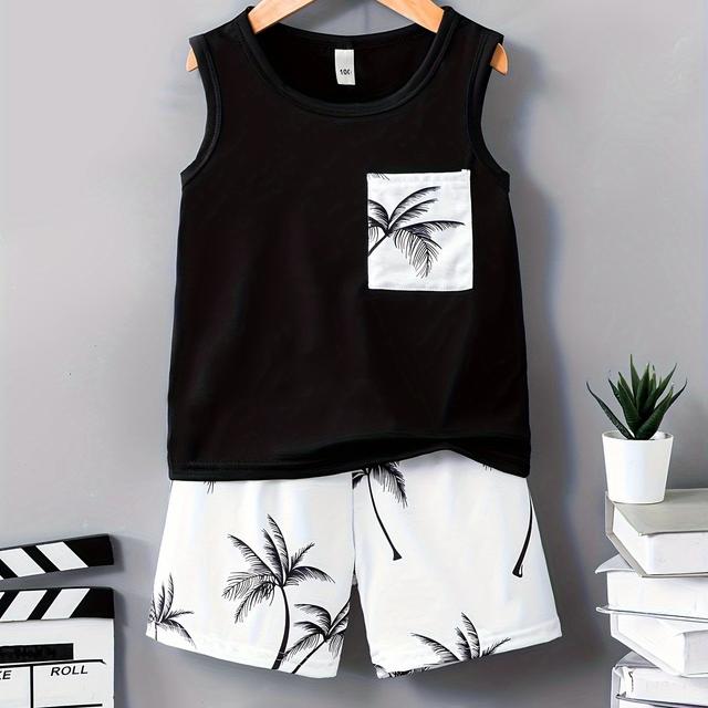 TEMU Summer Sleeveless Top For Boys With Pockets And A 'coconut Tree' Pattern, Two-piece Set, For Outdoor