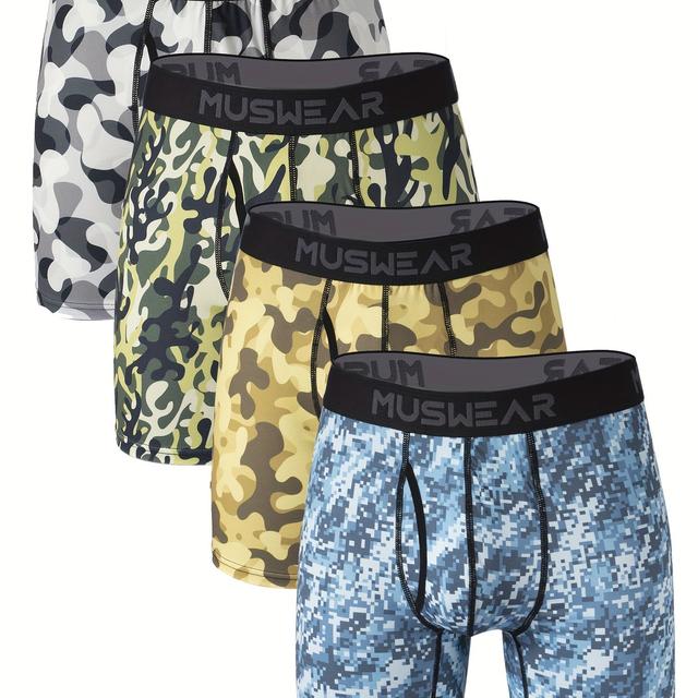 TEMU 4pcs Set Of Muswear Men's Boxer Briefs, Moisture-wicking, Sweat-absorbing, Long Length With Side , Quick- Underwear, Camouflage, Outdoor, Print,