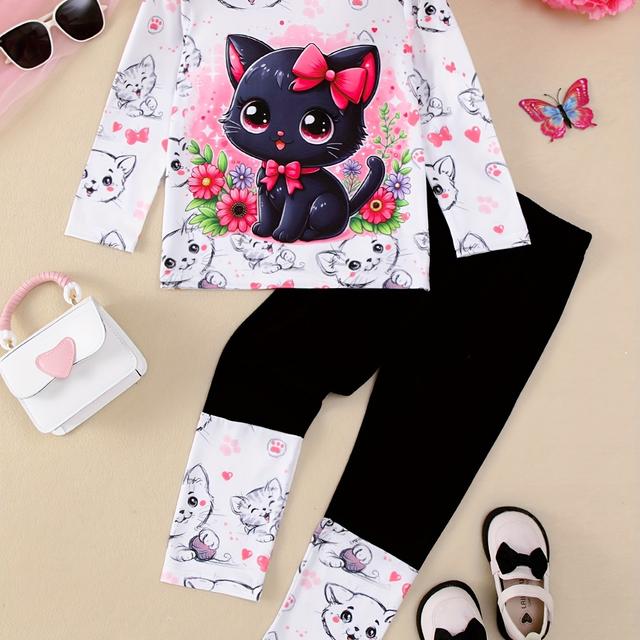 TEMU Cute Cat Flower Bow Print Long Sleeve T-shirt And Pants Set, For Outdoor