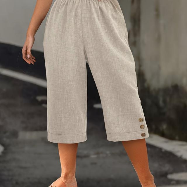 TEMU Plus Size - Plus Size - Stylische, neue Damen-Crop-Hose in großen Größen mit zweifarbigen Design, schlichtem Saum und eleganten Knopfdetails