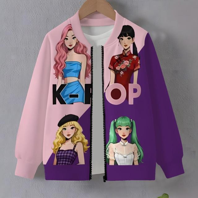TEMU Chaqueta de béisbol para niñas con temática K-POP y estampado en color contrastante de un coreano, un abrigo moderno con cremallera para niños
