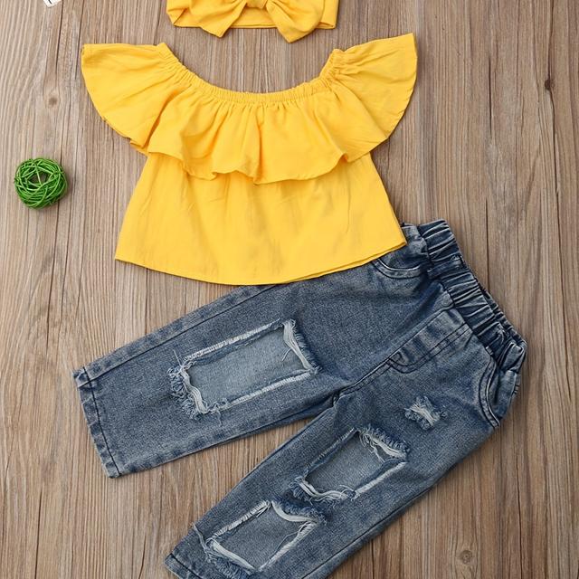 TEMU Spring Summer Fashion Outfit, Girls' Off-shoulder Top And Distressed Jeans 3pcs Set With Bow Headband, For Outdoor