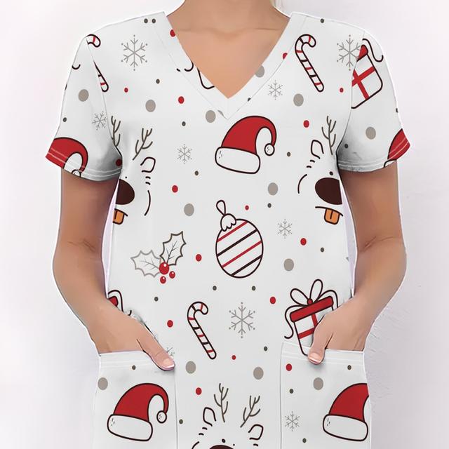 TEMU 3D All- V-Ausschnitt T-Shirt mit Tasche – Themen- & Beauty-Kurzarmoberteil für Krankenschwestern, , Spas, Friseure – Dehnbare Uniform (Taschendesign) – Maschinenwaschbare Berufskleidung