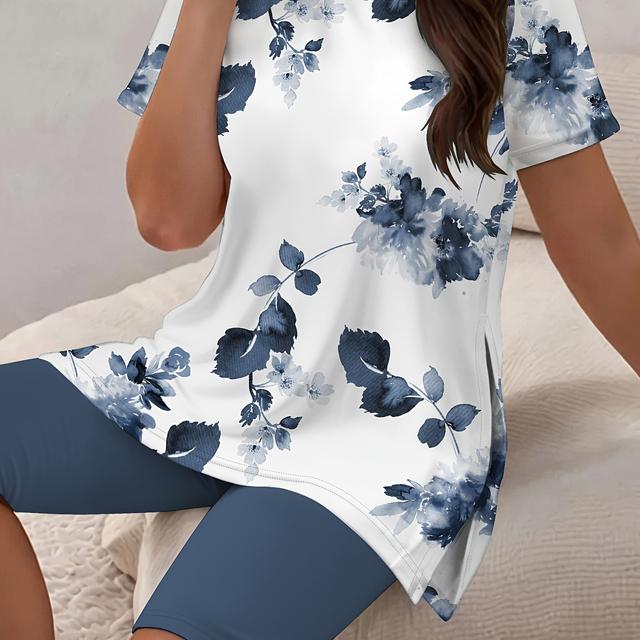 TEMU Plus Size - Plus Size - Damen Outfit in großen Größen mit Shorts und kurzen Ärmeln, bedruckt für Frühling und Sommer