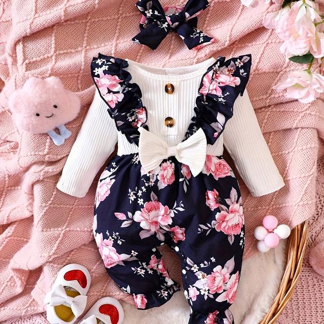 TEMU Adorable Girls' Floral Print Ruffle-trimmed Onesie With Bow Detail & Matching Headband - Cozy Polyester Blend, Long Sleeves For Spring/fall, Cute Girls Clothes, Outdoor