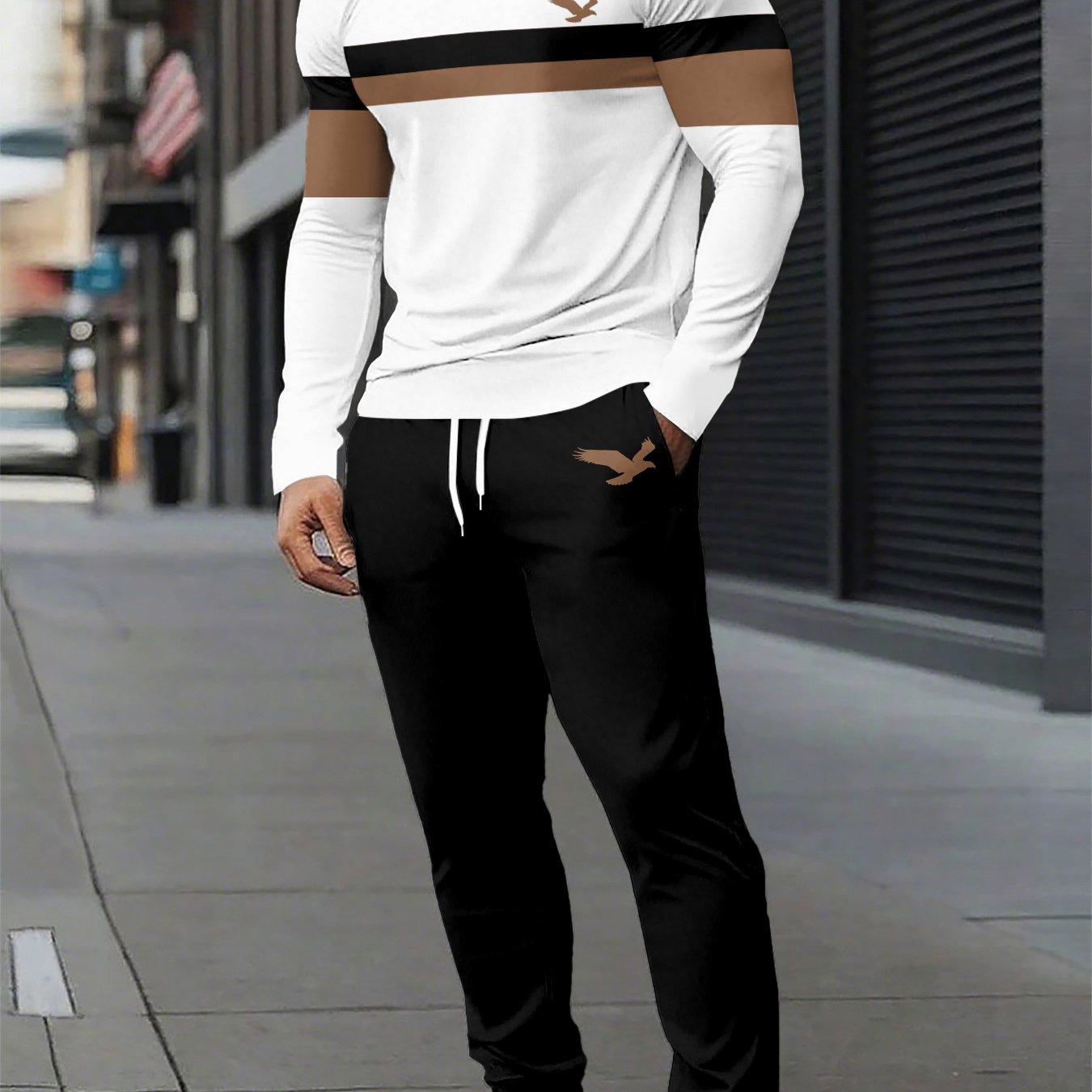 TEMU Eagle 3d Printed Long-sleeved T-shirt/ Long Pants Set - Summer Casual Round-neck Long-sleeved T-shirt For Men - Sports Outfit Two-piece Set