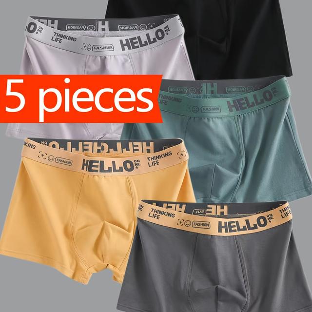 TEMU 5-pc Men's Long Boxer Briefs Shorts Fashion Hello Men's Underpants, Soft Youth Underwear, Men's Shorts Breathable Comfortable Quick-drying Stretchy Boxer Pants, Sports Pants, Men's Underwear