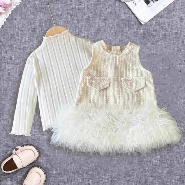 TEMU 2- Herfst- en voor Meisjes: Schattige Elegante Prinsessenjurk met Mouwloze Geplooide Mesh Puff-Mouwen Rok en Kleur Geribbelde Hoge-Hals Lange Mouw Top, Perfect voor Buiten