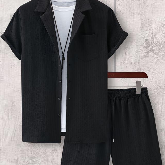 TEMU Conjunto Casual para Hombre - Camisa Ajustada de Manga Corta con Botones & Shorts con Cordón, Lavable a Máquina