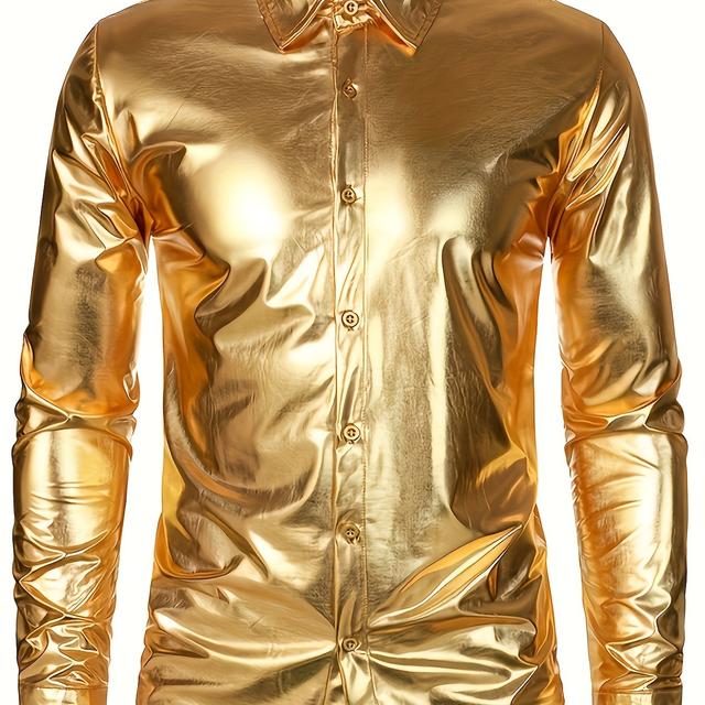 TEMU Men's Glossy Solid Color Long Sleeve Shirt