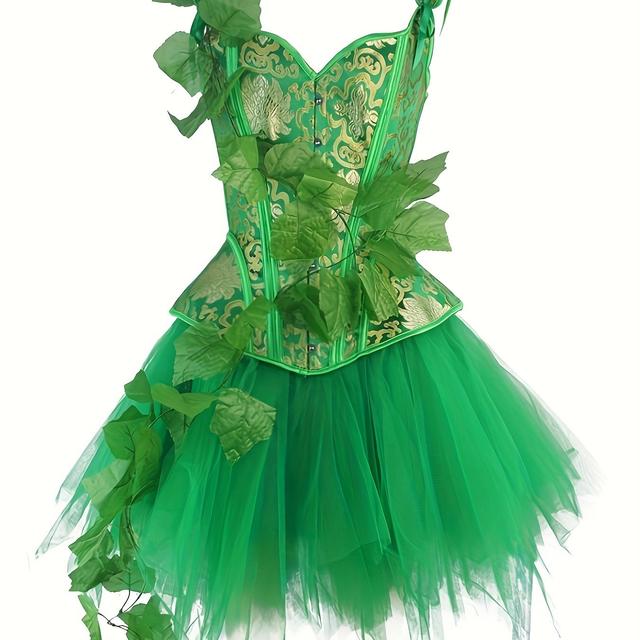 TEMU Grüner Jacquard-Korsett und Tutu-Rock, Halloween-Elfenkostüm in Grün, Weihnachtsoutfit für Herbst/Winter