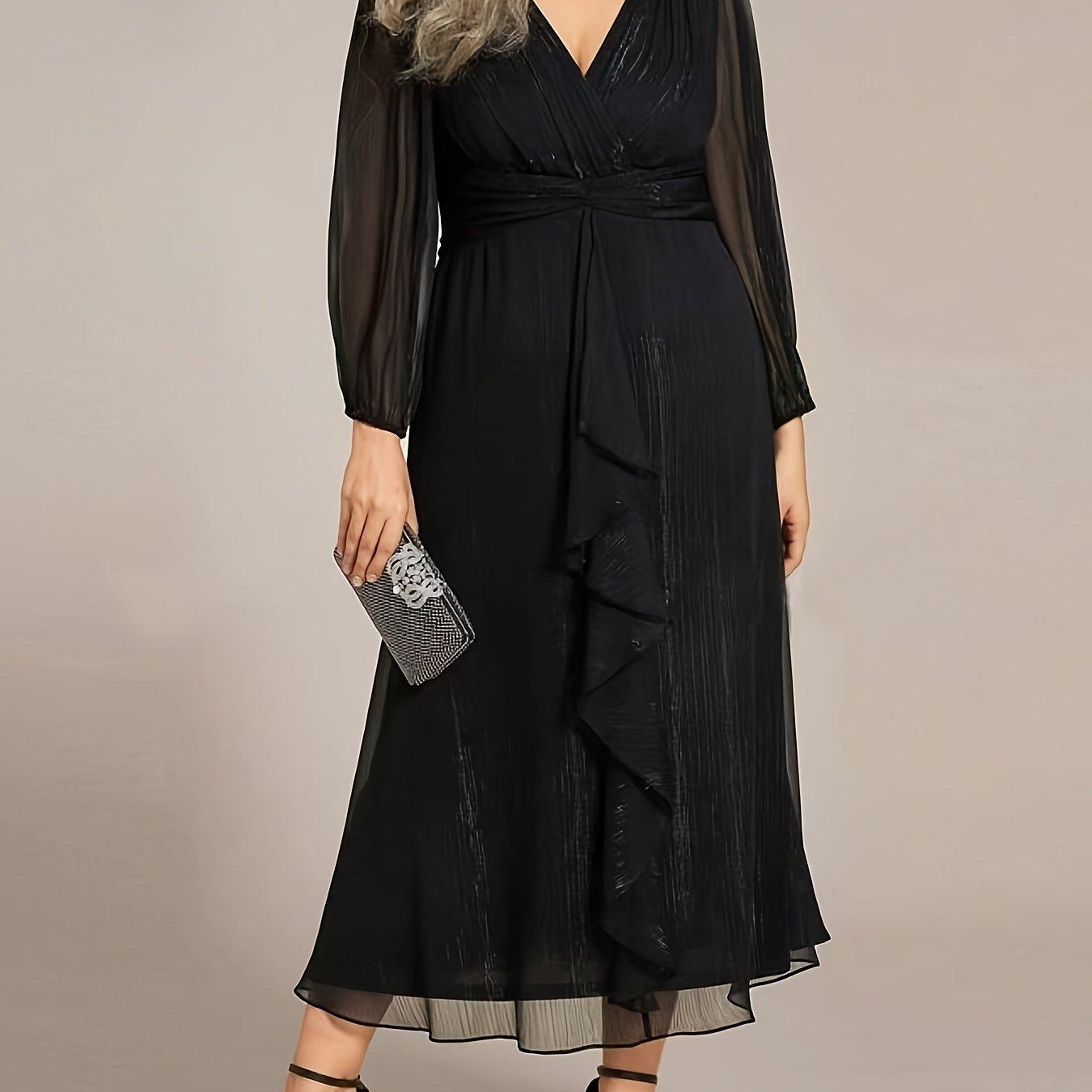 TEMU Elegant Waist-cinching V-neck Lantern Sleeve Temperament Midi Evening Gown New Women's Dress