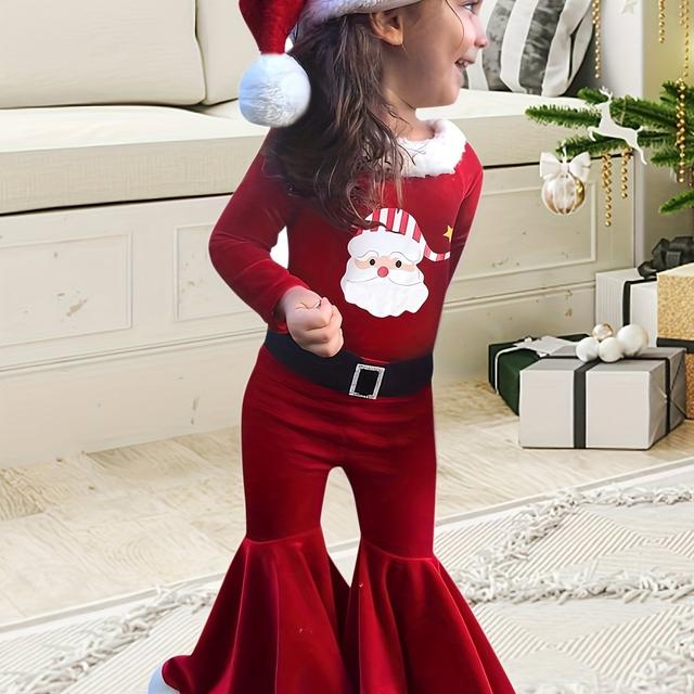 TEMU Ensemble Pièces Enfant Printemps Automne Hiver Noël - Haut en Peluche + Pantalon Évasé + Chapeau, Idéal pour l'Extérieur