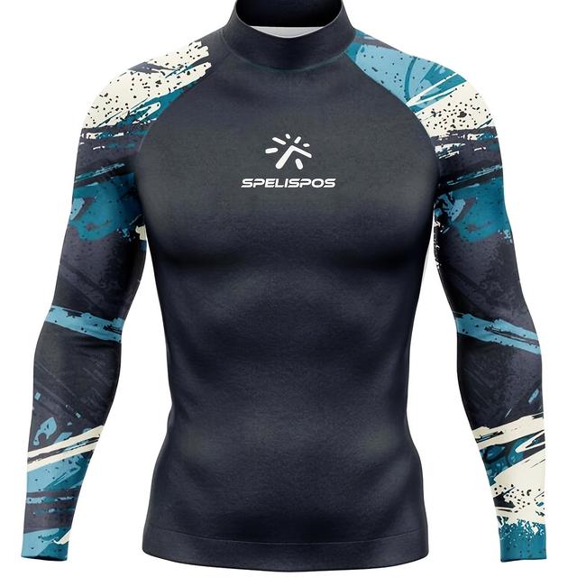 TEMU Men's Sailing & Surfing Rash Guard - Long Sleeve, High-neck, Stretchy Athletic Shirt With Abstract Design, Beach, Gym, And Outdoor Sports, Beach Swimwear | Sporty Long Sleeve | Stretchy Fabric