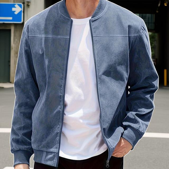 TEMU Stylish Men's Casual Zip-up Jacket - Navy Blue, Polyester, Long Sleeve, Collar, Zippered Pockets, , Autumn Jacket | Sleek Navy Jacket | Zippered Closure