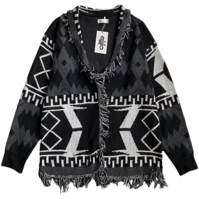 TEMU 【メンズ】和風オーバーサイズ Vネック セーター ジャケット - レトロ カジュアル 長袖 カーディガン、ソフト 暖かい 冬 コート フリンジヘム & ミニマリスト デザイン 秋/冬 レイヤリング、万能 デイリーアウター、メンズ 冬用セーター