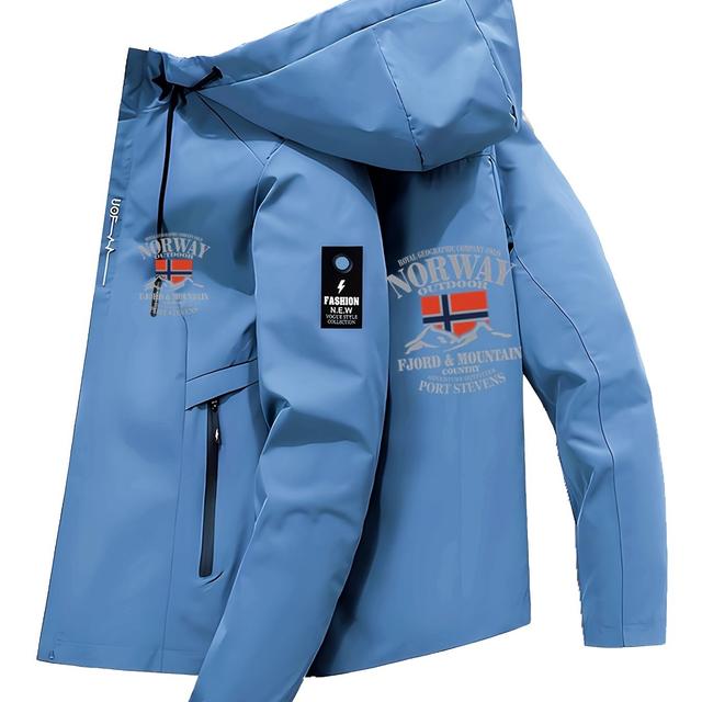 TEMU Neue Retro-Motorradjacke mit Kapuze und Reißverschluss für Frühling und Herbst, hochwertige Sportjacke mit norwegischem Flaggen-Druck für den Außenbereich