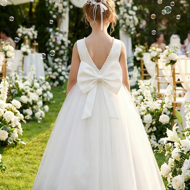 TEMU Elegant Princess Gown For Girls Featuring A Bow And Pearl Open Back, Perfect For Duties Or Birthday Celebrations