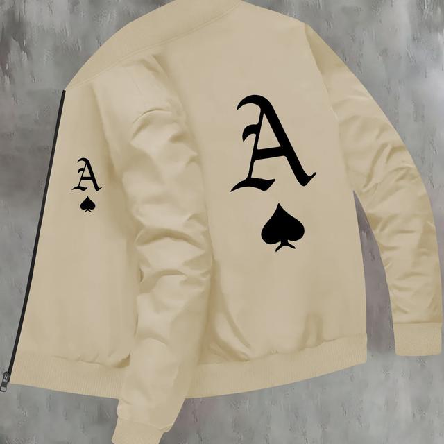 TEMU سترة بومبر مطبوعة بنمط عنصري للرجال، مصنوعة من البوليستر المحبوك، قصة ضيقة، ياقة صغيرة، طباعة عشوائية، جيب، ملابس خارجية عصرية لفصلي /الشتاء