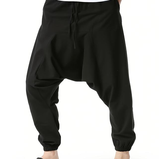 TEMU Men's Casual Solid Color Loose Fit Pants With Pockets - Stretch Fabric, Adjustable Drawstring Waist, Comfortable For All , Black, Loose Fit Pant