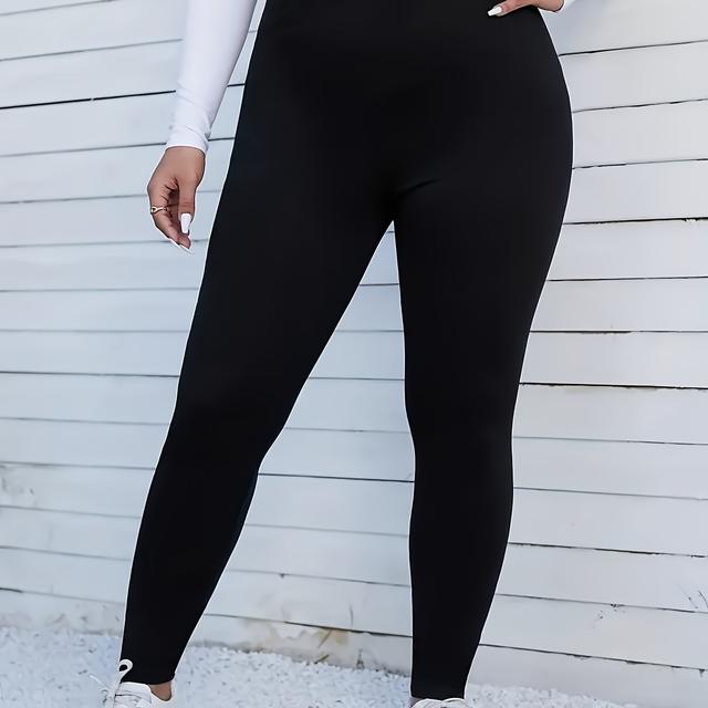 TEMU Plus Size Women's High-waisted Slim-fit Leggings - Solid Black Stretchy Yoga Pants, Mid- Washable Casual & Workout Trousers, Workout Leggings, Nontransparent Fabric