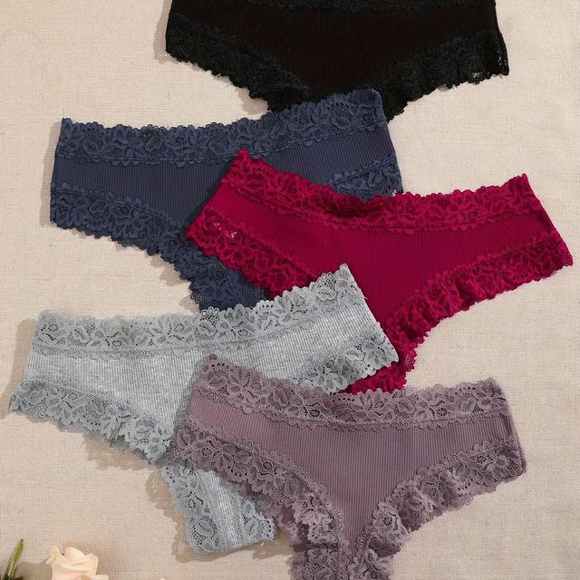 TEMU Набір з 5 жіночих трусиків з низькою посадкою, однотонні, з мереживною обробкою, зручні та дихаючі, у бразильському стилі
