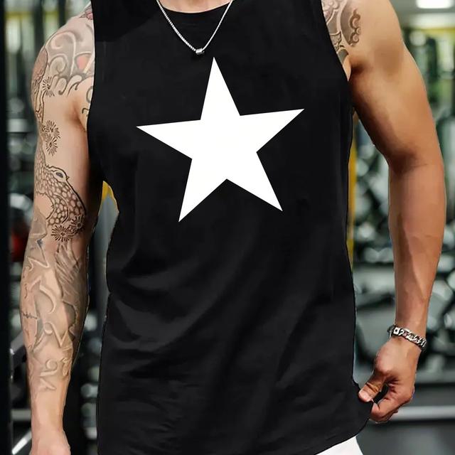 TEMU メンズ 通気性ポリエステル製タンクトップ、幾何学的な星デザイン - カジュアルな夏用ノースリーブシャツ、洗濯機可