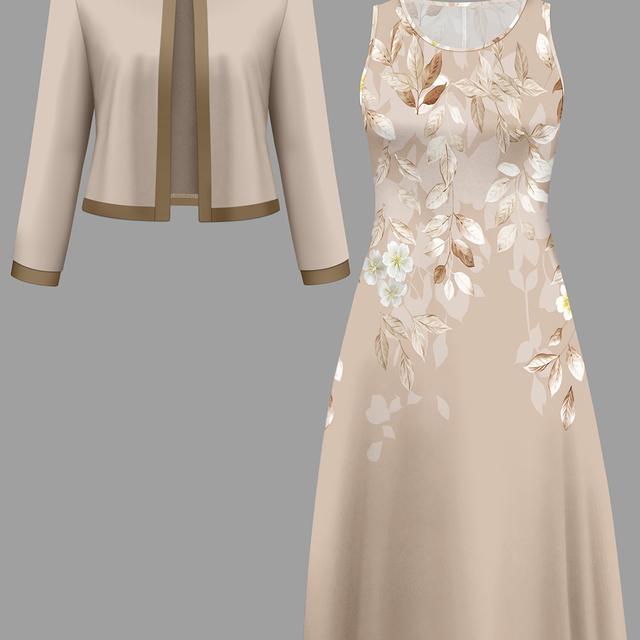 TEMU A Casual And Elegant Suit, A Two-piece Set Of A Fashionable Solid-color Cardigan And A Printed Sleeveless Dress