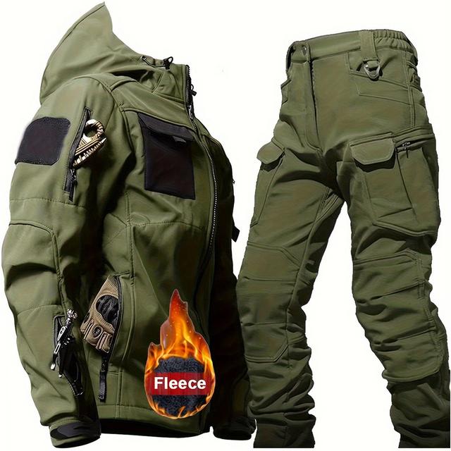 TEMU Men's Winter Outdoor Gear Set: Windproof Hooded Jacket With Fleece Lining And Tactical Cargo Pants - Perfect For Hiking, Camping & Work