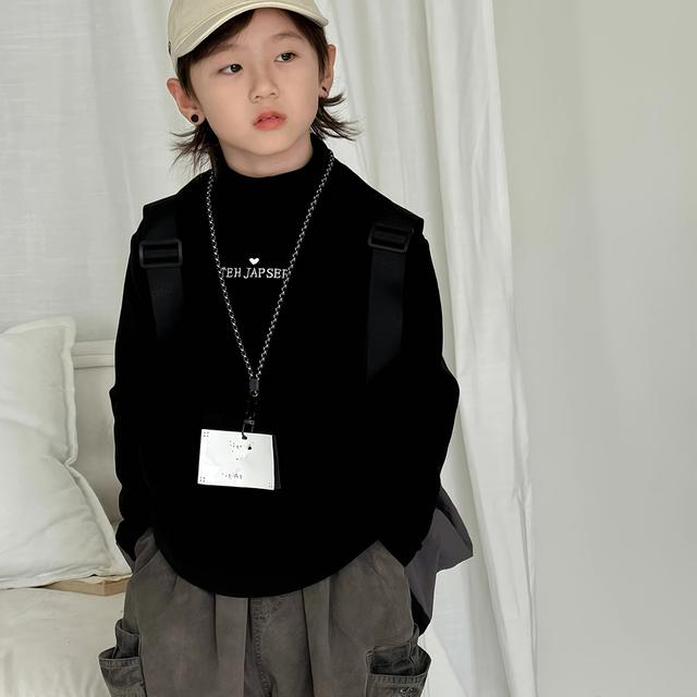 TEMU 소년용 포근한 플리스 안감 터틀넥 티 - 긴팔, 겨울용 신축성 및 보온성 - 하트 디테일이 있는 캐주얼 스타일