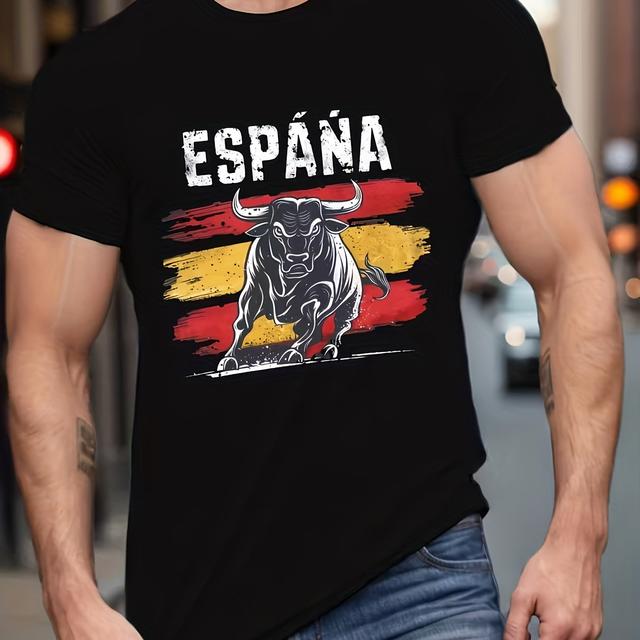 TEMU Camiseta casual de manga corta para hombre con diseño de española y - Transpirable, lavable a máquina, estilo veraniego - Camiseta gráfica negra para hombre, camiseta para a día | Estilo casual