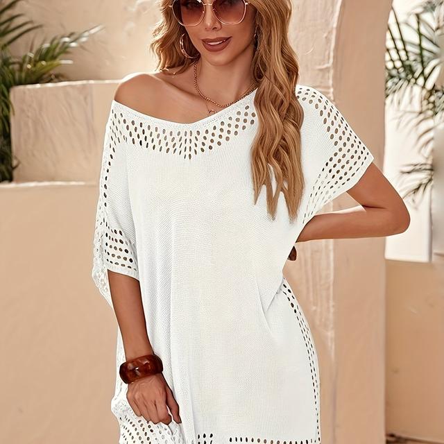 TEMU Loose V-neck Dress With Hollow-out For Women, Perfect For Beach Vacations