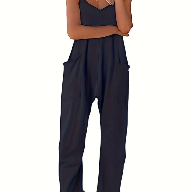 TEMU Plus Size Solid Slip Pockets Jumpsuit, Casual V Neck Sleeveless Jumpsuit, Women's Plus Size clothing