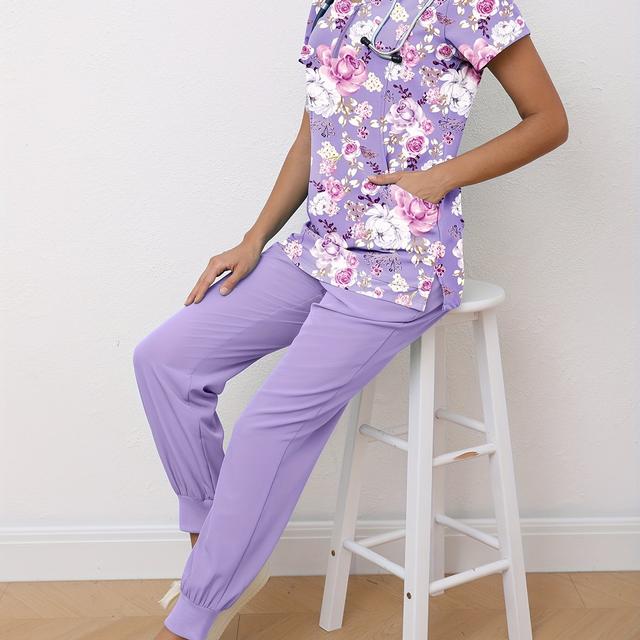 TEMU Damen Bedrucktes Arbeitsuniform-Set: Mattes Kurzarm-Wäschehemd mit , Atmungsaktives Stretch-Oberteil Hose mit Kordelzug