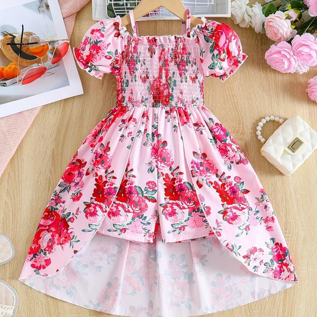 TEMU Girl's Printed Short-sleeve Romper With Shorts, Off-the-shoulder Straps, Princess Pleated Puff Sleeves, And Full Skirt Hem Decoration, Perfect For Outdoor