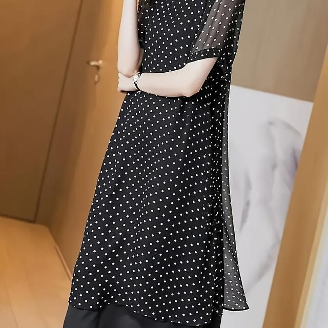 TEMU レディース フレンチト 水玉ドレス - 長袖 ルーズ ミディ丈 、黒と白のドット柄、春夏秋用 洗濯機可 カジュアル&ルシーン向け シックなサイズ ドレス、流れるような生地