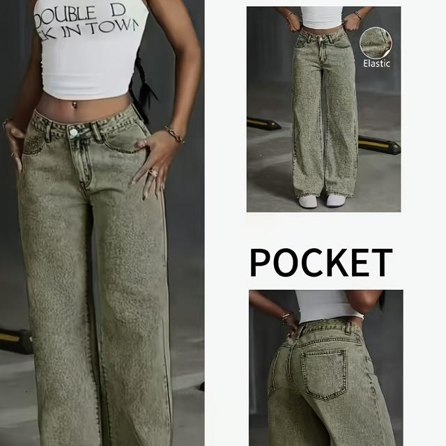 TEMU Stijlvolle retro straight-leg denim broek in grote maten voor dames met een distressed look