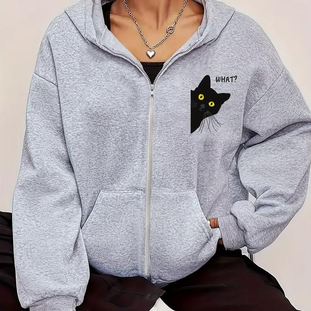 TEMU Simple Black Cat Print, Women's Fashion Trend, -lined Hoodie, Casual Sport Zip-up Jacket, Kangaroo Pocket Women's Top