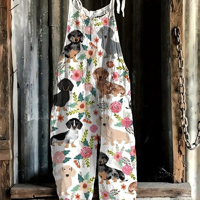 TEMU 1 Stück Damen Overall mit Blumen- und Dackel-Print, Bindebändern, Polyestergewebe, Ganzjahreskleidung