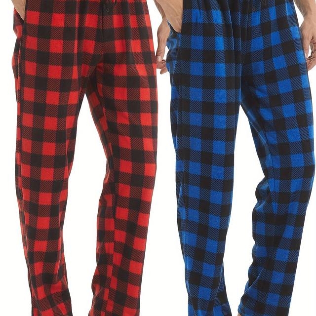 TEMU Conjunto de 2 pantalones de pijama para hombre, parte de abajo, ropa de dormir para estar en casa, pantalones de pijama ligeros a cuadros con bolsillos de microforro polar